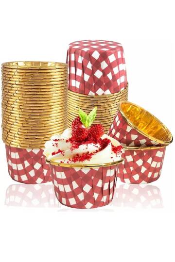 Roll-up Muffin Kek Kapsülü Kare Desenli Kırmızı-Altın 60 Paket x 25 Adet