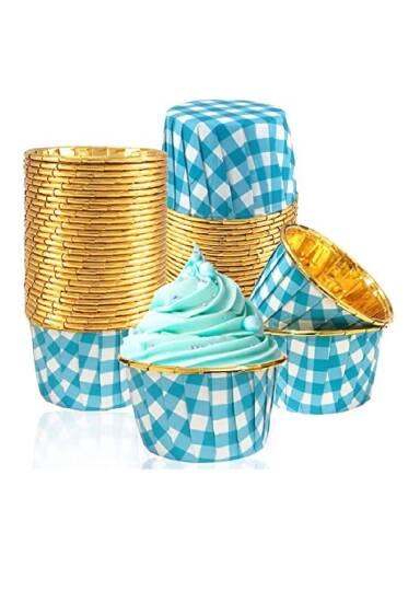 Roll-up Muffin Kek Kapsülü Kare Desenli Mavi-Altın 60 Paket x 25 Adet