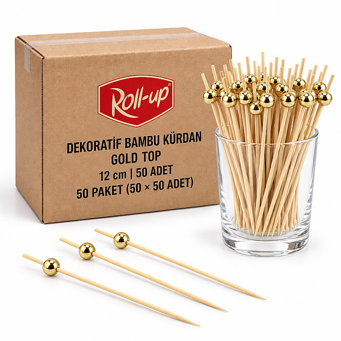 Roll-Up Dekoratif Bambu Kürdan Gold Top 12 cm 50 Adet x 50 Paket – Koli - 1
