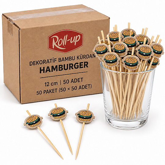 Roll-Up Dekoratif Bambu Kürdan Hamburger 12 cm 50 Adet x 50 Paket – Koli