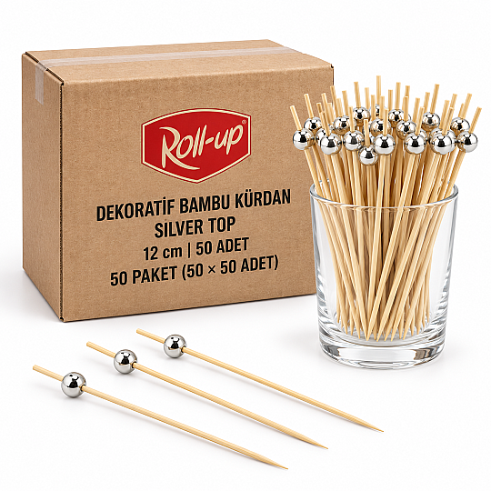 Roll-Up Dekoratif Bambu Kürdan Silver Top 12 cm 50 Adet x 50 Paket – Koli