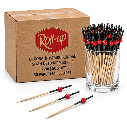 Roll-Up Siyah Üstü Kırmızı Top Dekoratif Bambu Kürdan 12 cm 50 Adet x 50 Paket – Koli