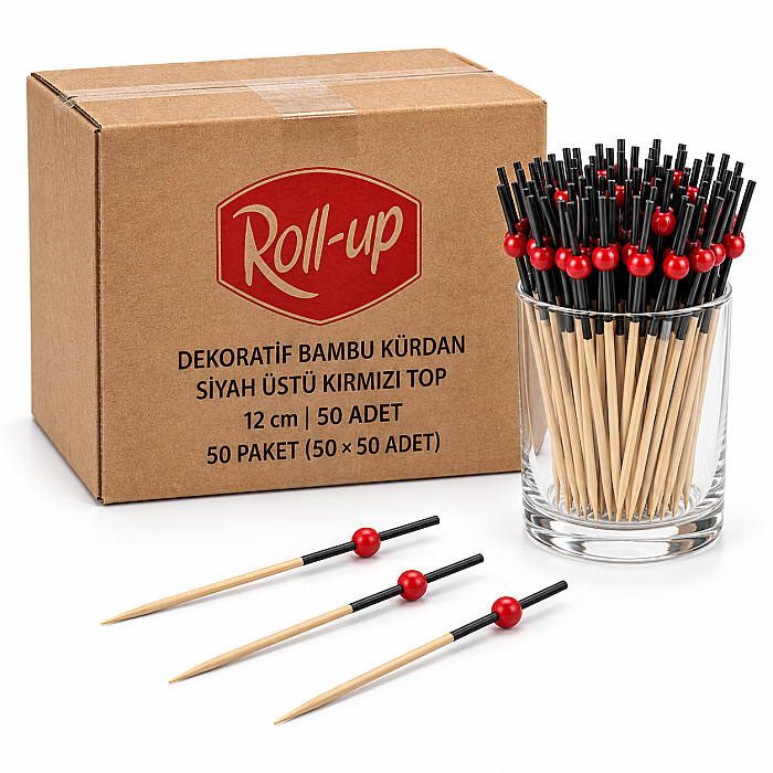 Roll-Up Siyah Üstü Kırmızı Top Dekoratif Bambu Kürdan 12 cm 50 Adet x 50 Paket – Koli - 1
