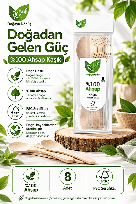 Roll-up Doğa Dostu Ahşap Kaşık 12 Paket x 8 Adet - 4