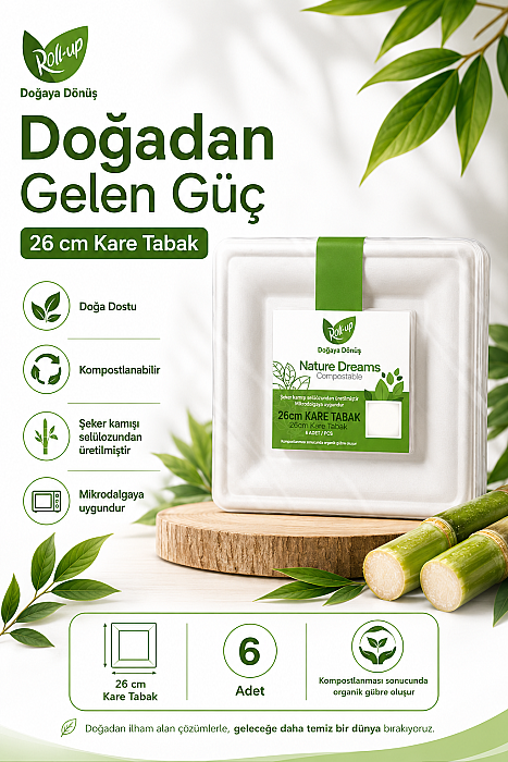 Roll-Up Doğa Dostu Kare Karton Tabak 26 cm 6 Adet x 48 Paket – Koli - 2
