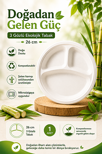 Roll-up Doğa Dostu Tabak 26cm 3 Bölmeli 10 Adet x 20 Paket - Koli - 2