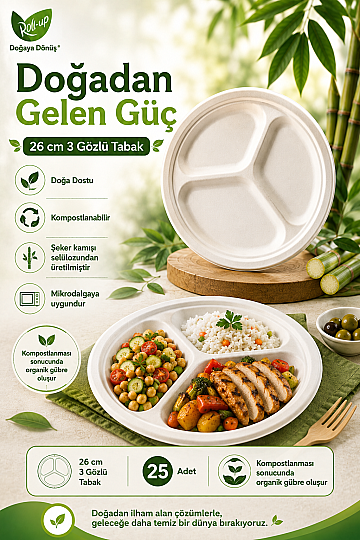 Roll-up Doğa Dostu Tabak 26cm 3 Bölmeli 10 Adet x 20 Paket - Koli - 3
