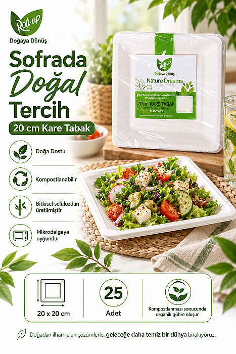 Roll-Up Doğaya Dönüşümlü Kare Tabak 20 cm 25 Adet x 40 Paket – Koli - 2