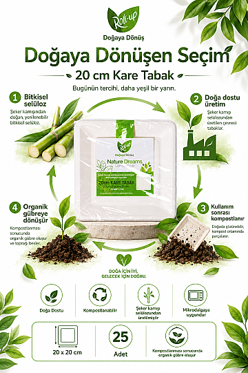 Roll-Up Doğaya Dönüşümlü Kare Tabak 20 cm 25 Adet x 40 Paket – Koli - 3