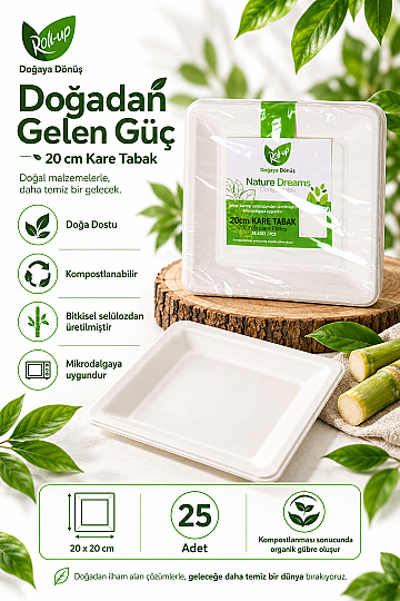 Roll-Up Doğaya Dönüşümlü Kare Tabak 20 cm 25 Adet x 40 Paket – Koli - 4