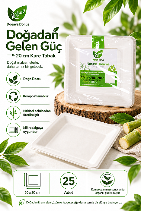 Roll-Up Doğaya Dönüşümlü Kare Tabak 20 cm 25 Adet x 40 Paket – Koli - 4