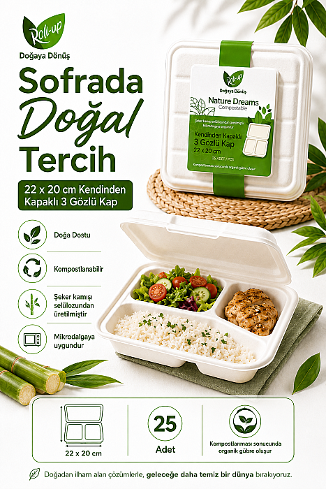 Roll-Up Nature Dreams Ekolojik 3 Gözlü Kendinden Kapaklı Kap 22x20 cm 25 Adet x 20 Paket – Koli - 2