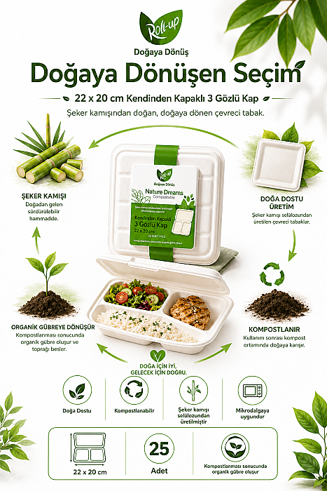 Roll-Up Nature Dreams Ekolojik 3 Gözlü Kendinden Kapaklı Kap 22x20 cm 25 Adet x 20 Paket – Koli - 3