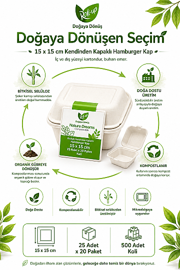 Roll-up Nature Dreams Ekolojik Kendinden Kapaklı Hamburger Kap 15x15cm 25 adet x 20 Paket - Koli - 2