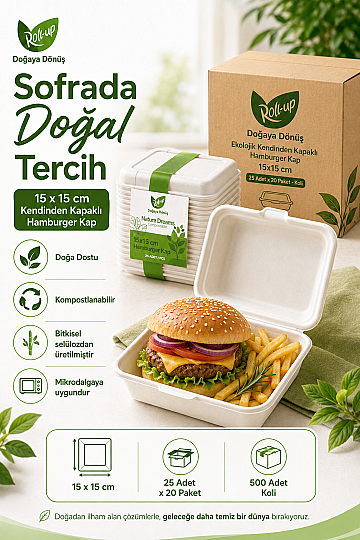 Roll-up Nature Dreams Ekolojik Kendinden Kapaklı Hamburger Kap 15x15cm 25 adet x 20 Paket - Koli - 4