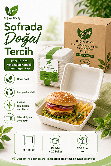 Roll-up Nature Dreams Ekolojik Kendinden Kapaklı Hamburger Kap 15x15cm 25 adet x 20 Paket - Koli - 4